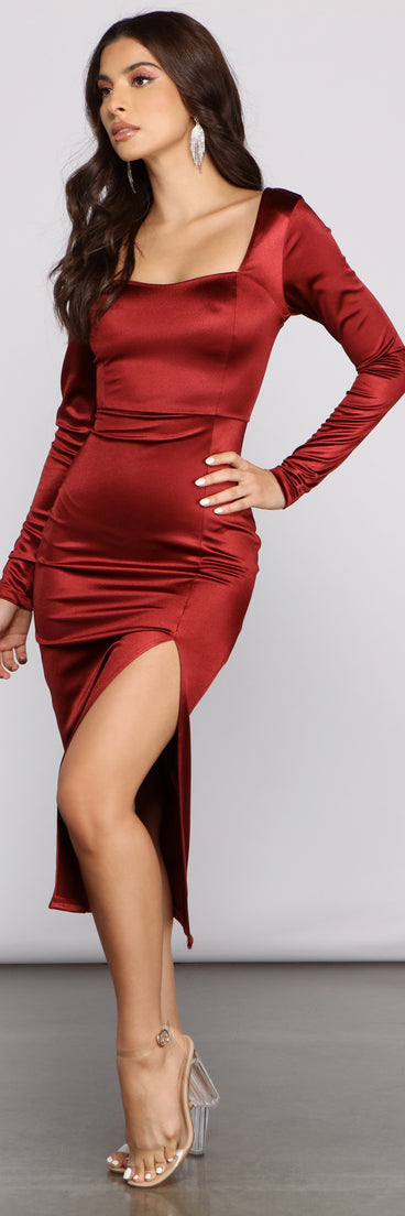 The Kelly High Slit Satin Midi Dress is a gorgeous pick as your 2023 prom dress or formal gown for wedding guest, spring bridesmaid, or army ball attire!