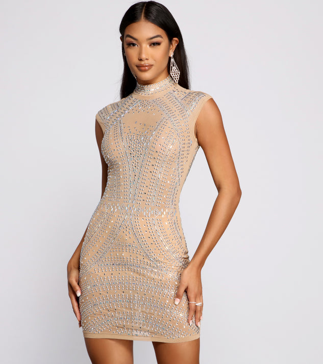 Vicky Heat Stone Mesh Mini Dress helps create the best bachelorette party outfit or the bride's sultry bachelorette dress for a look that slays!