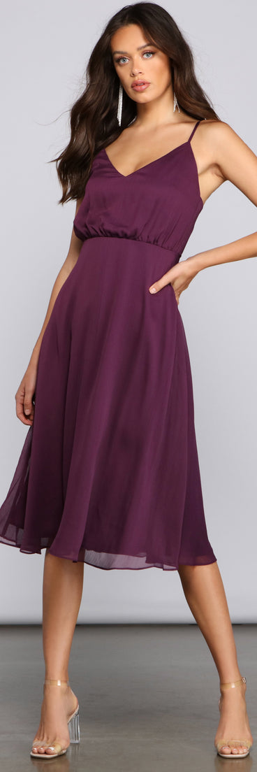 Maggie Formal Chiffon A-Line Midi Dress creates the perfect summer wedding guest dress or cocktail party dresss with stylish details in the latest trends for 2023!