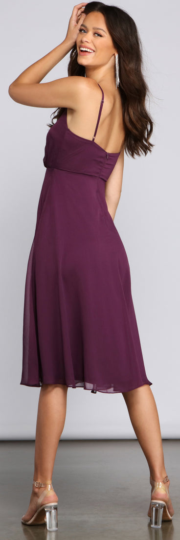 Maggie Formal Chiffon A-Line Midi Dress creates the perfect summer wedding guest dress or cocktail party dresss with stylish details in the latest trends for 2023!
