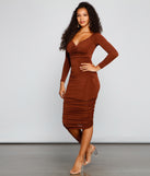 Melissa Long Sleeve Ruched Midi Dress creates the perfect spring wedding guest dress or cocktail attire with stylish details in the latest trends for 2023!