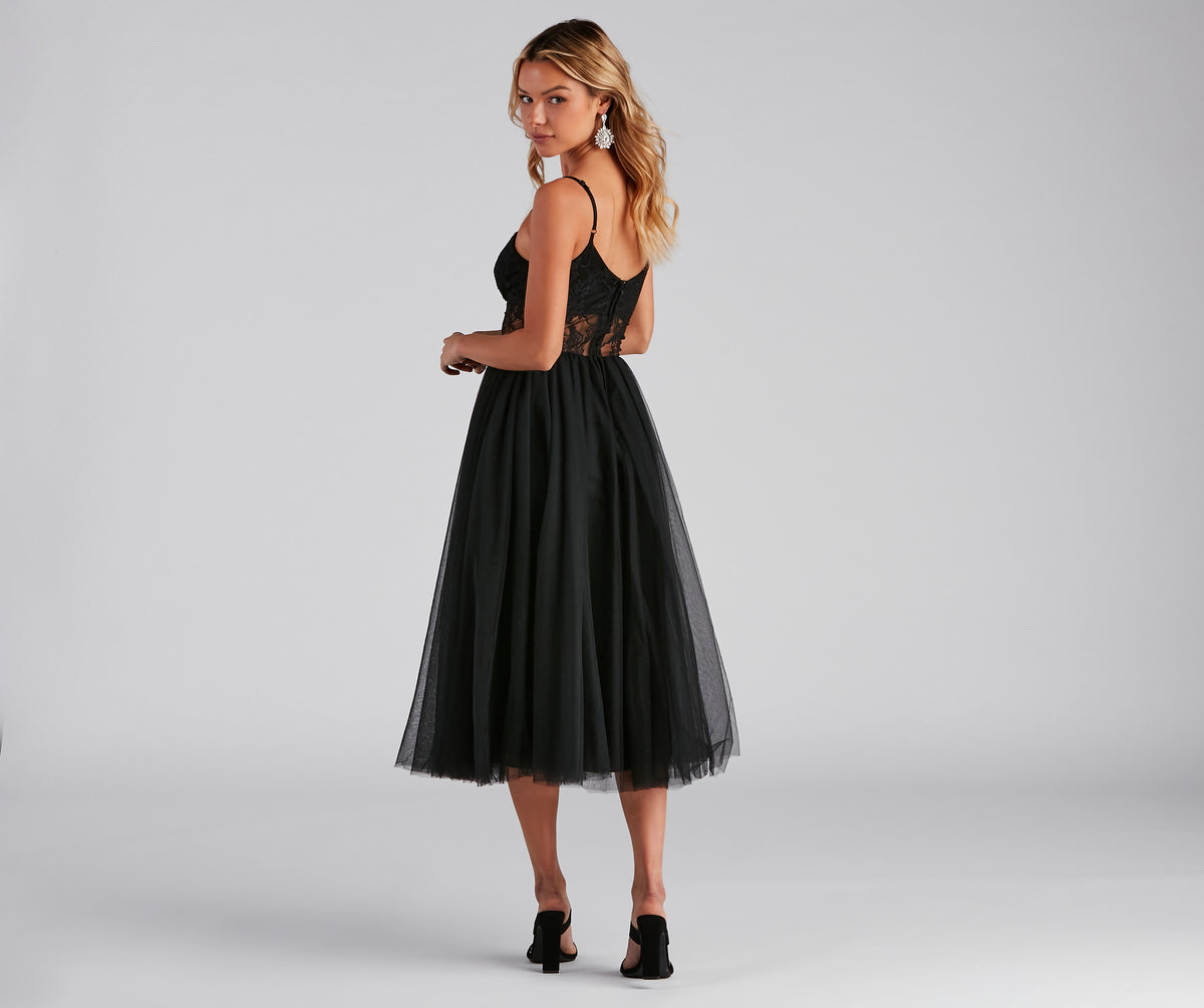 Vanae Formal Lace Illusion Midi A-Line Dress & Windsor
