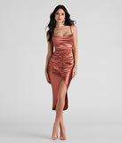 Bre Satin Ruched Midi Dress creates the perfect summer wedding guest dress or cocktail party dresss with stylish details in the latest trends for 2023!