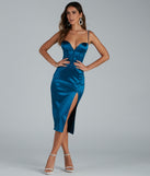 Astra Formal Satin Corset Midi Dress creates the perfect summer wedding guest dress or cocktail party dresss with stylish details in the latest trends for 2023!