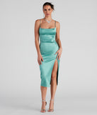 Nikki Formal Satin Slit Midi Dress creates the perfect spring wedding guest dress or cocktail attire with stylish details in the latest trends for 2023!