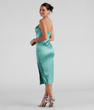 Nikki Formal Satin Slit Midi Dress creates the perfect spring wedding guest dress or cocktail attire with stylish details in the latest trends for 2023!