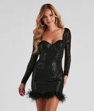 Jayla Long Sleeve Sequin Feather Mini  Black Prom Dress is a gorgeous pick as your 2023 prom dress or formal gown for wedding guest, spring bridesmaid, or army ball attire!
