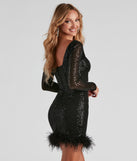 Jayla Long Sleeve Sequin Feather Mini  Black Prom Dress is a gorgeous pick as your 2023 prom dress or formal gown for wedding guest, spring bridesmaid, or army ball attire!