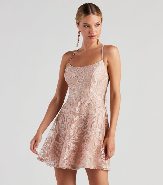 Lucia Metallic Lace Party Dress is a gorgeous pick as your 2023 prom dress or formal gown for wedding guest, spring bridesmaid, or army ball attire!