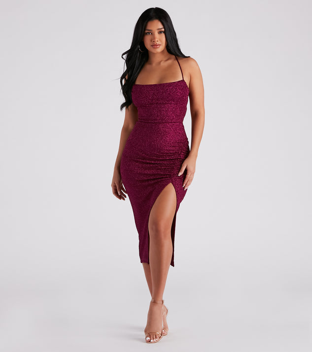 Gigi Formal Glitter Slit Midi Dress creates the perfect summer wedding guest dress or cocktail party dresss with stylish details in the latest trends for 2023!