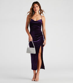 Kerry Formal Velvet Midi  Purple Prom Dress is a gorgeous pick as your 2023 prom dress or formal gown for wedding guest, spring bridesmaid, or army ball attire!