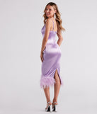Sofia Formal Satin Feather Midi  Purple Prom Dress is a gorgeous pick as your 2023 prom dress or formal gown for wedding guest, spring bridesmaid, or army ball attire!