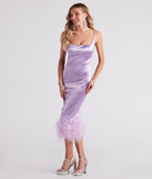 Sofia Formal Satin Feather Midi  Purple Prom Dress is a gorgeous pick as your 2023 prom dress or formal gown for wedding guest, spring bridesmaid, or army ball attire!
