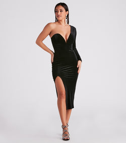 Claire Formal One-Shoulder Velvet Midi Dress creates the perfect summer wedding guest dress or cocktail party dresss with stylish details in the latest trends for 2023!
