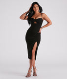 Laila Formal Crepe Twist Midi  Black Prom Dress is a gorgeous pick as your 2023 prom dress or formal gown for wedding guest, spring bridesmaid, or army ball attire!