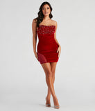 Marianna Strapless Embellished Velvet Mini  Red Prom Dress is a gorgeous pick as your 2023 prom dress or formal gown for wedding guest, spring bridesmaid, or army ball attire!