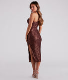 Stevie Formal Sequin Midi Brown Prom Dress is a gorgeous pick as your 2023 prom dress or formal gown for wedding guest, spring bridesmaid, or army ball attire!