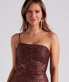 Stevie Formal Sequin Midi  Brown Prom Dress is a gorgeous pick as your 2023 prom dress or formal gown for wedding guest, spring bridesmaid, or army ball attire!