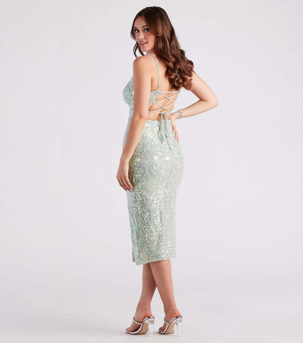 Roxanne Formal Sequin Lace-Up Midi Dress
