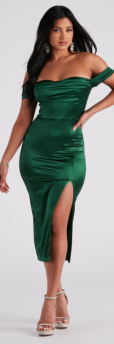 The Kathryn Formal Satin Corset Midi Dress is a gorgeous pick as your 2024 prom dress, wedding guest dress, and bridesmaid or military ball gown!