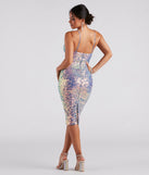 Rhianna Formal Iridescent Sequin Midi Dress creates spring wedding guest dress with stylish details, the perfect midi dress for graduation, or for a cocktail party look in the latest midi-length trends for 2024!