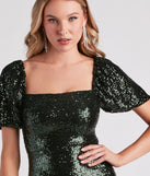 Vera Sequin Puff Sleeve Short  Green Prom Dress is a gorgeous pick as your 2023 prom dress or formal gown for wedding guest, spring bridesmaid, or army ball attire!