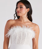 Anabelle Feather Corset Party Dress is a gorgeous pick as your 2024 prom dress or formal gown for wedding guests, spring bridesmaids, or army ball attire!
