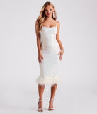 Lucinda Formal Sequin Feather Midi  White Prom Dress is a gorgeous pick as your 2023 prom dress or formal gown for wedding guest, spring bridesmaid, or army ball attire!