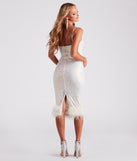 Lucinda Formal Sequin Feather Midi Dress creates spring wedding guest dress with stylish details, the perfect midi dress for graduation, or for a cocktail party look in the latest midi-length trends for 2024!