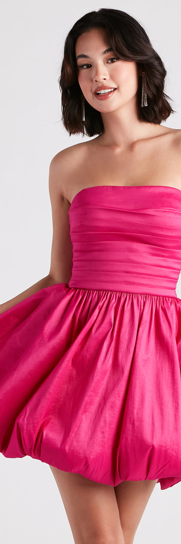 Susie Strapless Skater Bubble Hem Pink Prom Dress is a gorgeous pick as your 2023 prom dress or formal gown for wedding guest, spring bridesmaid, or army ball attire!