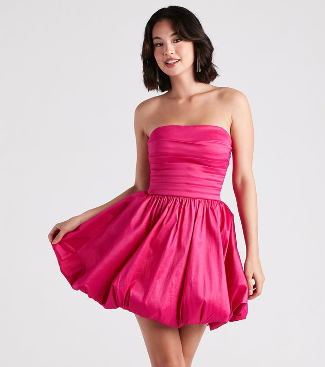 Susie Strapless Skater Bubble Hem  Pink Prom Dress is a gorgeous pick as your 2023 prom dress or formal gown for wedding guest, spring bridesmaid, or army ball attire!