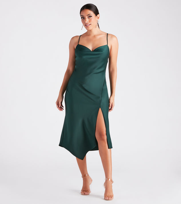 Annabella Formal Satin A-Line Midi Dress is a gorgeous pick as your 2024 prom dress or formal gown for wedding guests, spring bridesmaids, or army ball attire!
