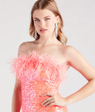 Level up your club dress with the Mae Strapless Feather Sequin Party Dress to create a trendy Vegas outfit or nightclub dress with the hottest details!