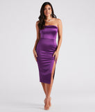 Jenny Strapless High Slit Satin Midi Dress creates the perfect summer wedding guest dress or cocktail party dresss with stylish details in the latest trends for 2023!
