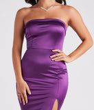 Jenny Strapless High Slit Satin Midi Dress creates the perfect summer wedding guest dress or cocktail party dresss with stylish details in the latest trends for 2023!