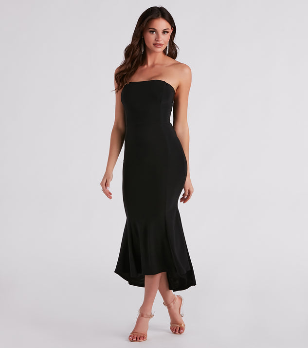 Palmer Strapless High-Low Midi Dress creates the perfect spring wedding guest dress or cocktail attire with stylish details in the latest trends for 2023!