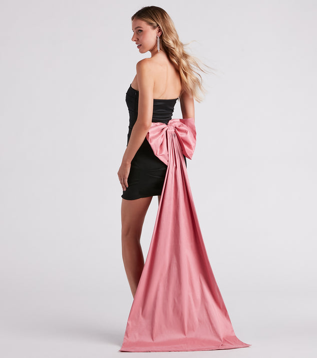 Franny Taffeta Bow Mini Party  Black Prom Dress is a gorgeous pick as your 2023 prom dress or formal gown for wedding guest, spring bridesmaid, or army ball attire!