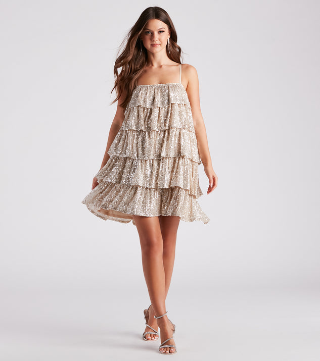 Priah Sequin Tiered Ruffle Party  Brown Prom Dress is a gorgeous pick as your 2023 prom dress or formal gown for wedding guest, spring bridesmaid, or army ball attire!