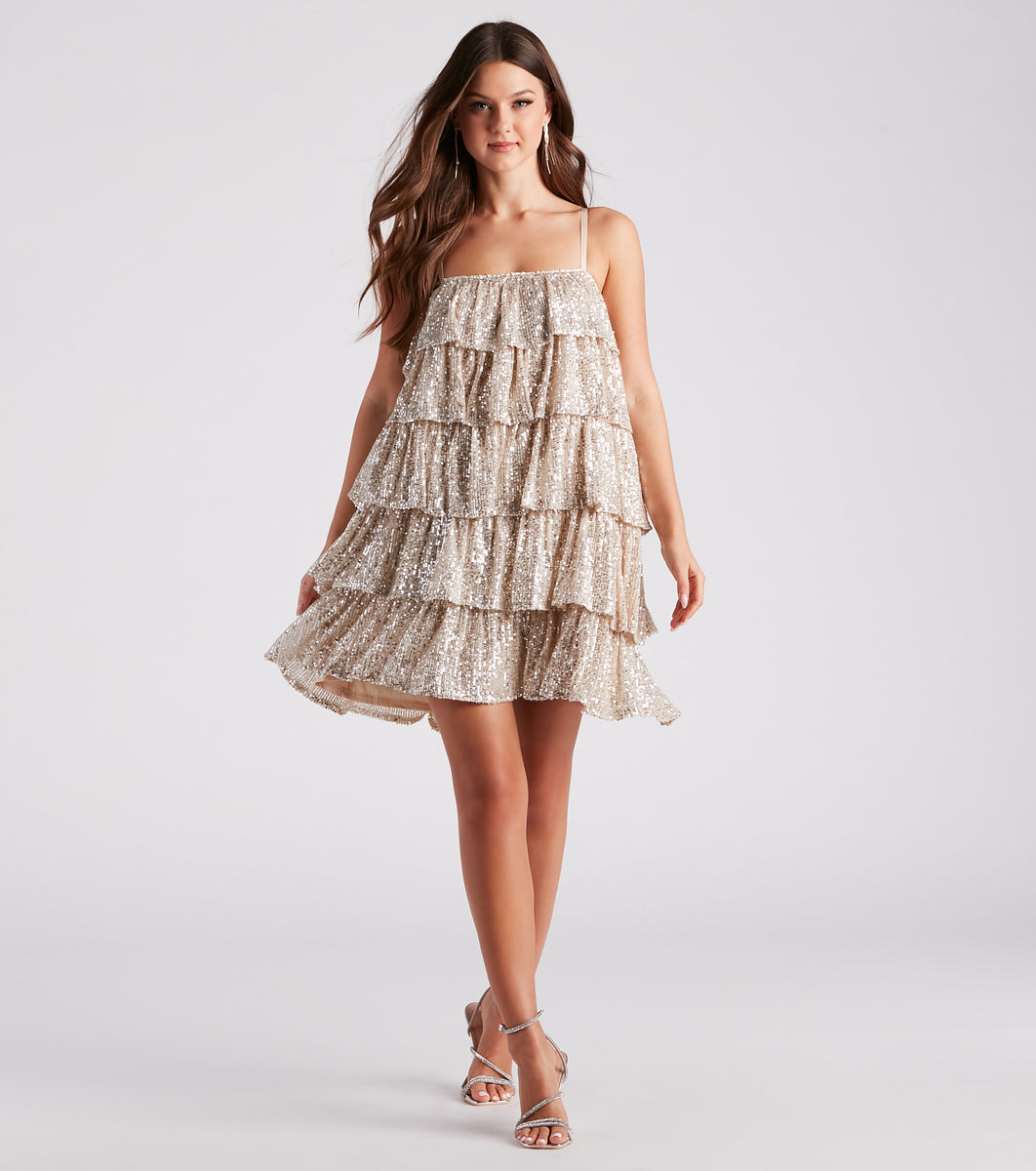 Priah Sequin Tiered Ruffle Party Dress