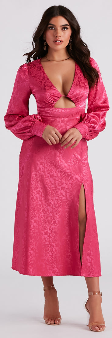 Kacy Formal Satin Cutout Midi Dress creates the perfect summer wedding guest dress or cocktail party dresss with stylish details in the latest trends for 2023!