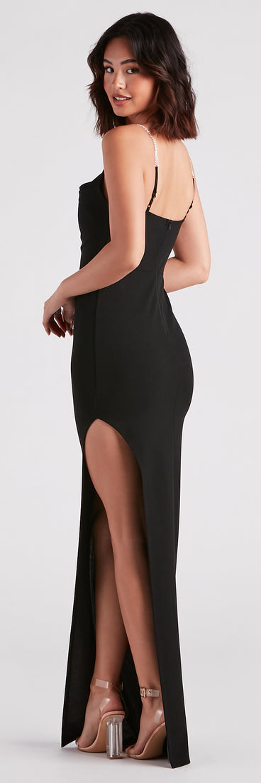 Leona Formal Crepe Rhinestone Slit Dress creates the perfect summer wedding guest dress or cocktail party dresss with stylish details in the latest trends for 2023!