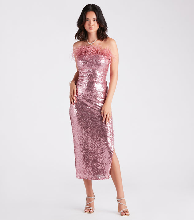 Marlin Formal Sequin Feather Midi Dress creates the perfect summer wedding guest dress or cocktail party dresss with stylish details in the latest trends for 2023!