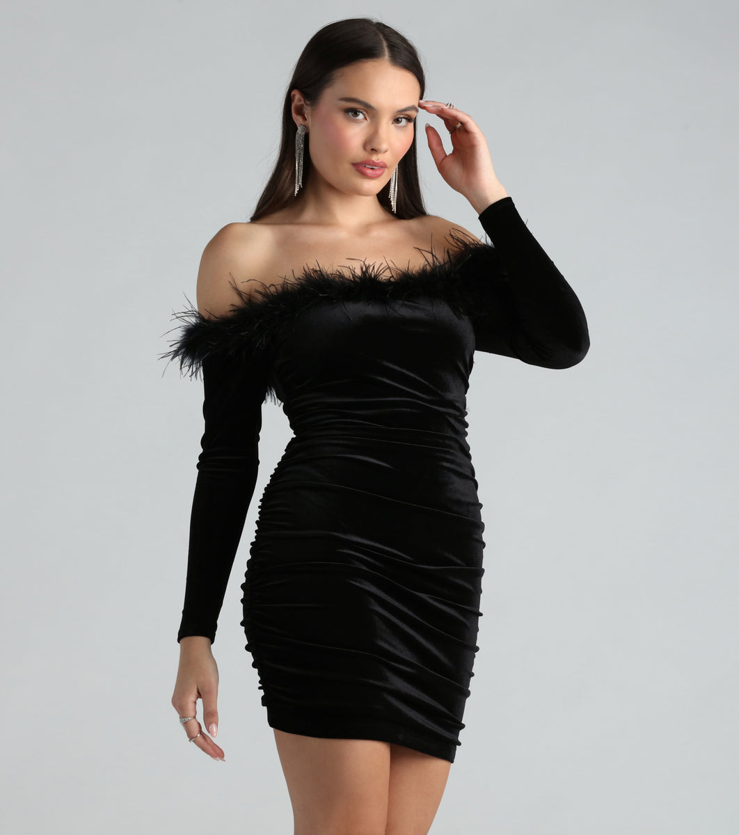 Jayla Velvet Marabou Off-The-Shoulder Mini Dress
