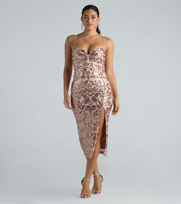 Meilani Formal Sequin Scroll Slit Midi Dress is a gorgeous pick as your 2024 prom dress or formal gown for wedding guests, spring bridesmaids, or army ball attire!