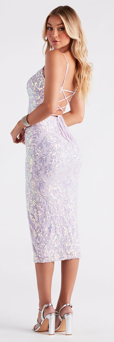 Kadence Formal Sequin Lace-Up Midi Dress is a gorgeous pick as your 2024 prom dress or formal gown for wedding guests, spring bridesmaids, or army ball attire!