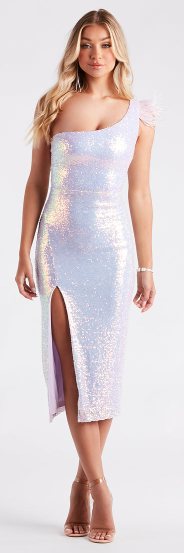 Priah Formal Feather One Shoulder Midi Dress