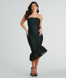 The midi dress length on the Avamarie Formal Bandage Tulle Midi Dress provides an elevated silhouette perfect for any party, occasion, or everyday styling.