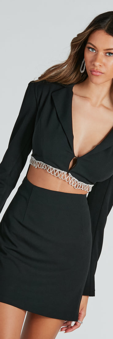 Aliya Formal Rhinestone Fringe Mini Blazer Dress is a gorgeous pick as your 2024 prom dress or formal gown for wedding guests, spring bridesmaids, or army ball attire!