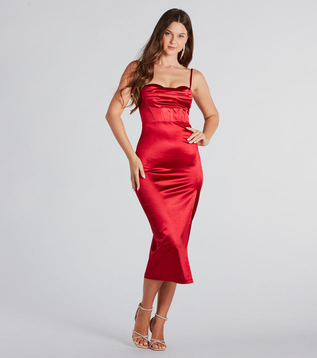 Alena Formal Satin Cowl Neck Midi Dress is a gorgeous pick as your summer formal dress for wedding guests, bridesmaids, or military birthday ball attire!