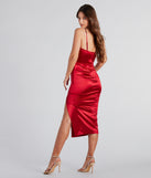 You'll be the best dressed in the Alena Formal Satin Cowl Neck Midi Dress as your summer formal dress with unique details from Windsor.